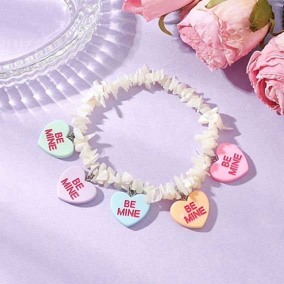Бусины из натурального белого перламутра с подвесками из смолы и 304 кольцами из нержавеющей стали и корейскими эластичными браслетами из хрустальной нити, сердце