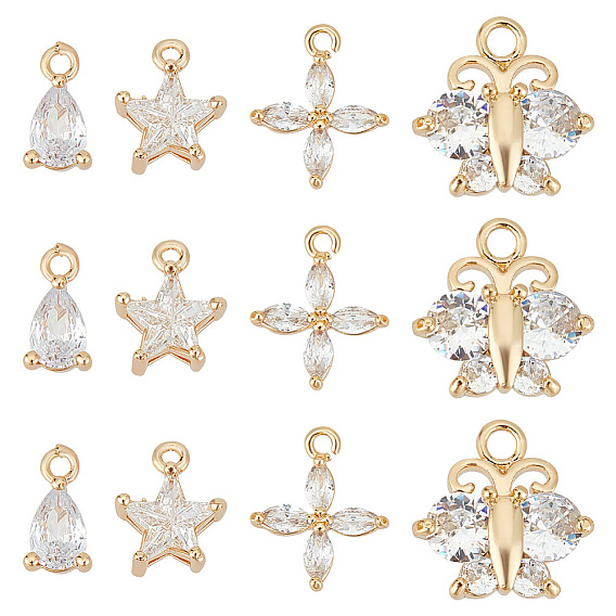 12шт 3 подвески из латуни с кубическим цирконием, без никеля , реальный 18 k позолоченный, разнообразные