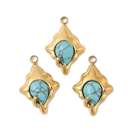 Синтетические бирюзовые подвески, ромб прелести, с вакуумным покрытием PVD 304 настройки из нержавеющей стали, реальный 18 k позолоченный