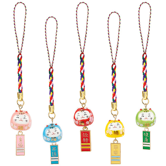 5 шт 5 стили керамическая счастливая кошка маленькая подвеска украшение для мобильного телефона, с фурнитурой из сплава и эмали, для украшения корпуса телефона