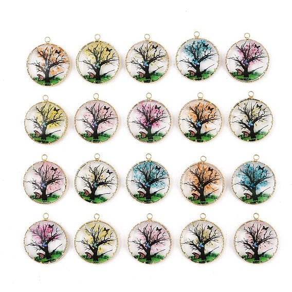 Brass Glass Pendants, Flat Round with Tree & Butterfly Charms, with Dried Flower