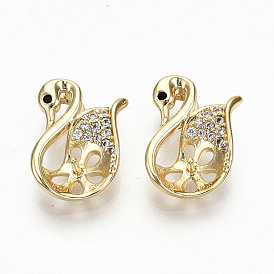 Brass Micro Pave Clear Cubic Zirconia Peg Bails Charms, for Half Drilled Bead, Nickel Free, Swan Shape, Real 18K Gold Plated