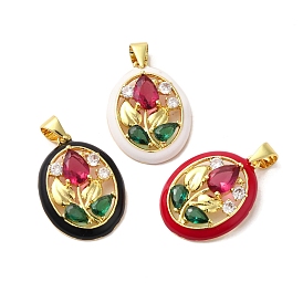 Rack Plating Brass Micro Pave Colorful Cubic Zirconia Enamel Pendants, Long-Lasting Plated, Cadmium Free & Lead Free, Real 18K Gold Plated, Oval with Flower Pattern Charms