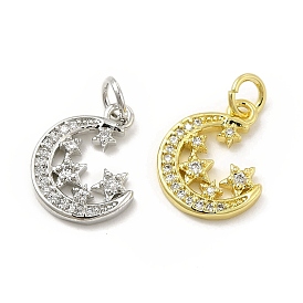 Brass Micro Pave Cubic Zirconia Charms, with Jump Ring, Moon with Star Charm