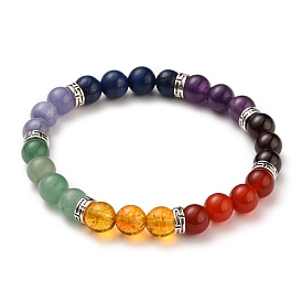 Chakra Jewelry, Round Natural & Synthetic Gemstone Beads Stretch Bracelets, with Antique Silver Plated Alloy Spacer Beads