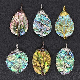 Natural Paua Shell Pendants, Teardrop/Onal/Round with Tree of Life
