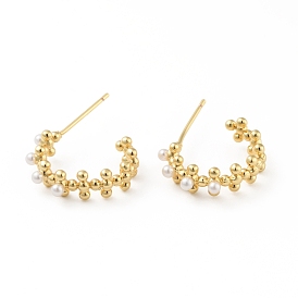 Acrylic Imitation Pearl C-shape Stud Earrings, Brass Half Hoop Earrings for Women