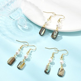 304 из нержавеющей стали болтаться серьги, прямоугольные, с подвесками из натуральных раковин пауа