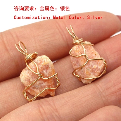 Pendentifs de pierres précieuses naturelles brutes brutes, Breloques de pépites avec fil de cuivre plaqué argent enveloppé