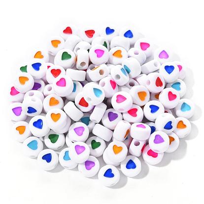 1000Pcs Opaque Acrylic Beads, with 1roll Clear Elastic Crystal Thread, for DIY Children's Day Themed Bracelets Making Kits, Flat Round with Letter & Heart