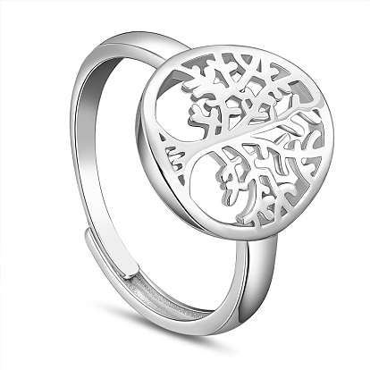 SHEGRACE 925 Sterling Silver Adjustable Rings, Flat Round with Tree of Life