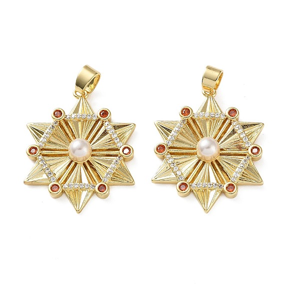 Латунные микро проложить кубического циркония подвески, шестигранные прелести, с абс пластмассовой имитационной жемчужиной