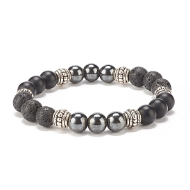 Natural Lava Rock & Synthetic Black Stone & Hematite Stretch Bracelet, Essential Oil Gemstone Jewelry for Women