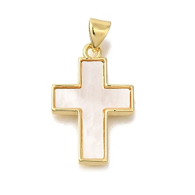 Brass Micro Pave Cubic Zirconia Pendants, with Shell, Real 16K Gold Plated, Cross Charms