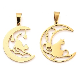 304 Stainless Steel Pendants, Laser Cut, Moon with Cat Charm