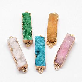 Electroplated Natural & Dyed Druzy Agate Links Connectors, with Golden Plated Brass Findings, Rectangle