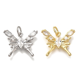 Rack Plating Brass Micro Pave Cubic Zirconia Pendants, Cadmium Free & Lead Free, Long-Lasting Plated, Butterfly