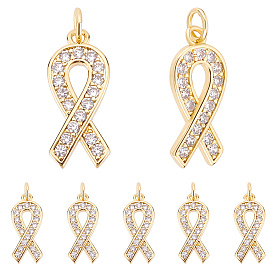 10 pcs laiton micro pavé pendentifs en zircone cubique claire, avec anneau de saut, plaqué longue durée, Forme de ruban de sensibilisation