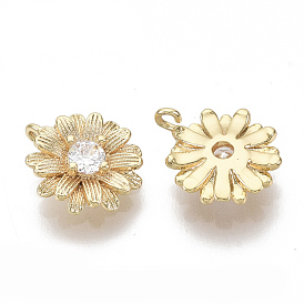 Brass Cubic Zirconia Charms, Nickel Free, Flower, Clear, Real 18K Gold Plated