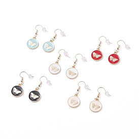 Flat Round with Butterfly Enamel Dangle Earrings, Brass Drop Earrings for Women