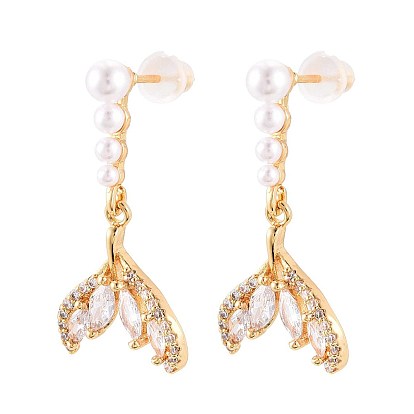 Серьги-гвоздики с подвесками в форме рыбьего хвоста из латуни с микропаве из прозрачных кубических цирконий, с ABS имитации жемчуга, без никеля 