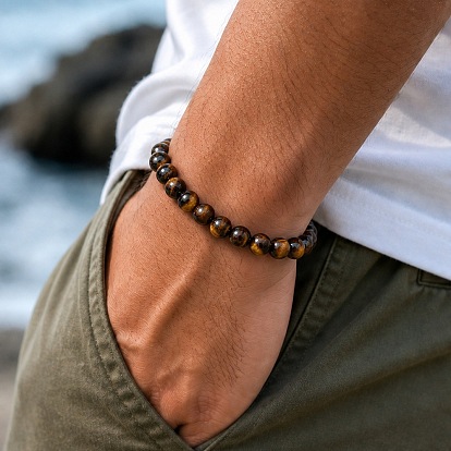 8MM Round Natural Tiger Eye Beaded Stretch Bracelets for Men