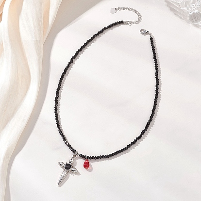 Готический крест из эмалевого сплава и красная каплевидная подвеска, ожерелье из стеклянных бусин с гранеными ронделями, платина