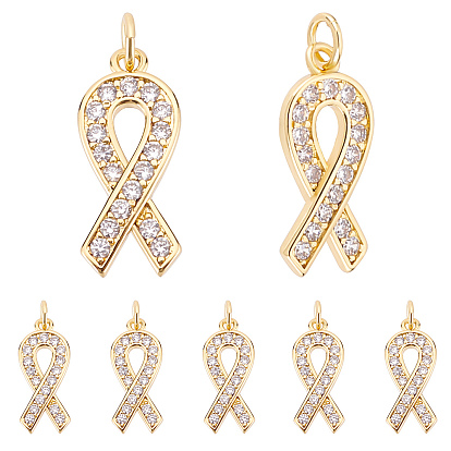 10 pcs laiton micro pavé pendentifs en zircone cubique claire, avec anneau de saut, plaqué longue durée, Forme de ruban de sensibilisation
