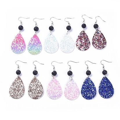 PU Leather Sequins Dangle Earring, with Natural Lava Rock Beads and Brass Earring Hooks, Platinum
