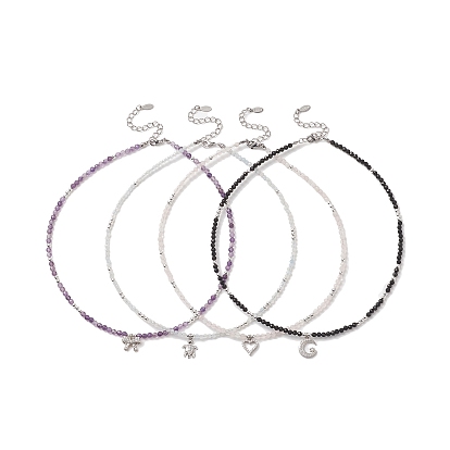 4Pcs 4 Style Moon & Bowknot & Heart & Tortoise Clear Cubic Zirconia Pendant Necklaces Set, Natural Mixed Gemstone Stackable Necklaces for Women