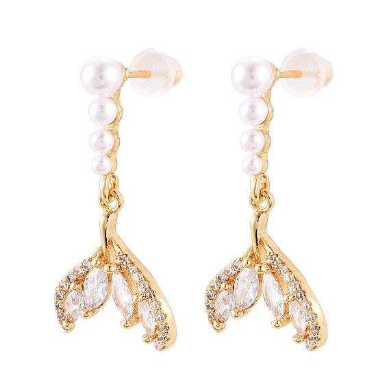 Серьги-гвоздики с подвесками в форме рыбьего хвоста из латуни с микропаве из прозрачных кубических цирконий, с ABS имитации жемчуга, без никеля 