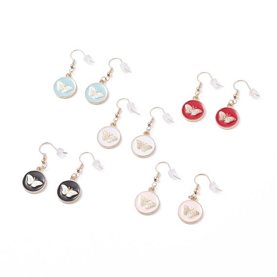 Flat Round with Butterfly Enamel Dangle Earrings, Brass Drop Earrings for Women