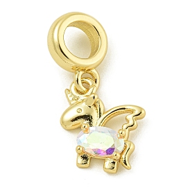 Rack Plating Brass Pave Clear AB Cubic Zirconia Unicorn European Dangle Charms, Large Hole Pendants, Lead Free & Cadmium Free, Long-Lasting Plated