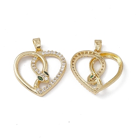 Brass Clear & Green Cubic Zirconia Pendants, Heart with Snake Charms