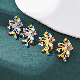 Серьги-гвоздики из латуни с микропаве из кубических цирконий в стиле фейерверк, с эмалью и АБС-пластиком, имитирующим жемчуг, стойки покрытие, долговечный, без кадмия и без свинца