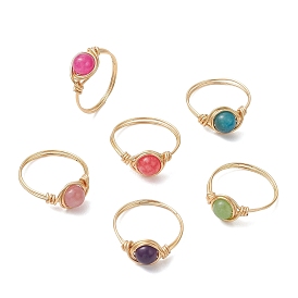 Кольца из натурального кварца, круглые, с медной проволокой, золотой свет