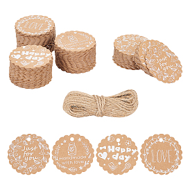 Globleland 4 Style Kraft Paper Gift Tags, Hang Tags, with Jute Twine, Flat Round with Lacework