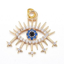 Brass Micro Pave Cubic Zirconia Pendants, with Jump Rings, Eye, Blue