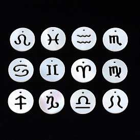 Natural Freshwater Shell Charms, Flat Round with Twelve Constellations, Hollow