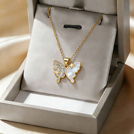 304 Подвеска-цепочка из нержавеющей стали с микропаве из прозрачного кубического циркония и акриловым кулоном в виде бабочки для женщин, белые