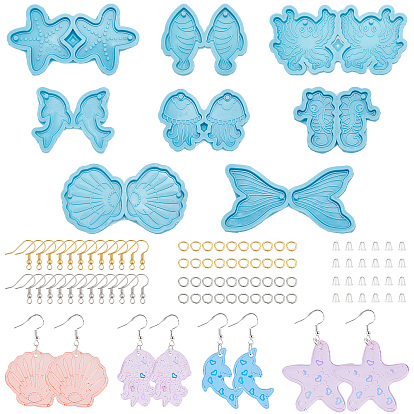 Resin Casting Molds, Shell & Fishtail & Sea Horse & Dolphin & Fish Pendant Silicone Molds, with Iron Open Jump Rings & Earring Hooks, Plastic Ear Nuts