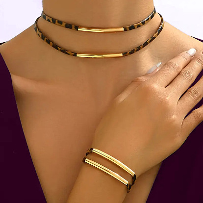 Двухслойные браслеты и чокеры из сплава и искусственной кожи с ретро-леопардовым принтом