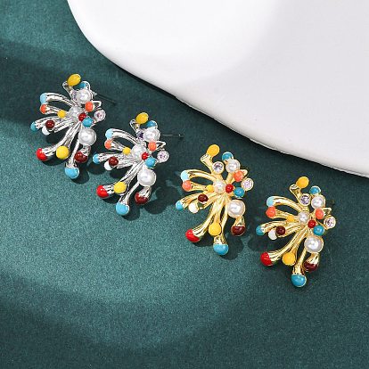Серьги-гвоздики из латуни с микропаве из кубических цирконий в стиле фейерверк, с эмалью и АБС-пластиком, имитирующим жемчуг, стойки покрытие, долговечный, без кадмия и без свинца