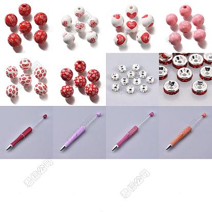 86pcs stylos à perles en plastique sur le thème de la Saint-Valentin, avec strass en laiton et perles en bois imprimées