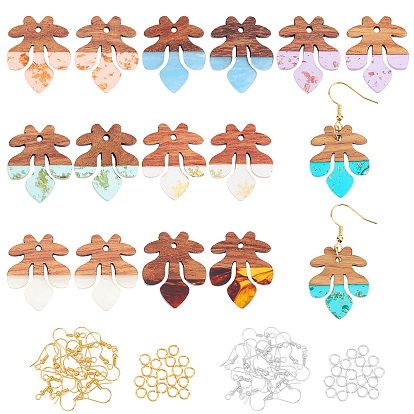 Kit de fabricación de aretes de bricolaje, Incluyendo resina en forma de flor de lis y colgantes de madera de nogal, ganchos de hierro para pendientes y anillos de salto abiertos