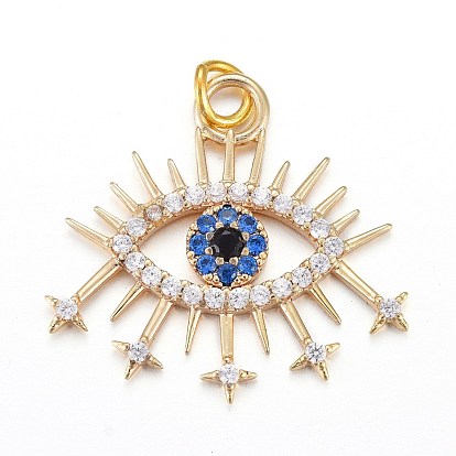 Brass Micro Pave Cubic Zirconia Pendants, with Jump Rings, Eye, Blue
