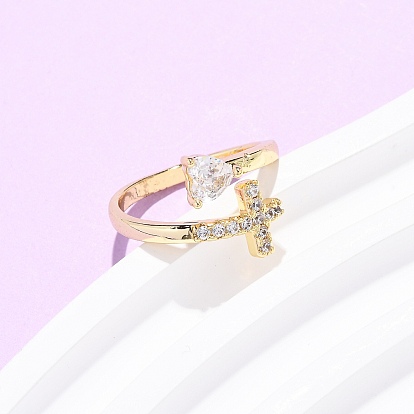 Манжеты из латуни с микро паве кубический цирконий для женщин, долговечный, стойки покрытие, сердце и крест