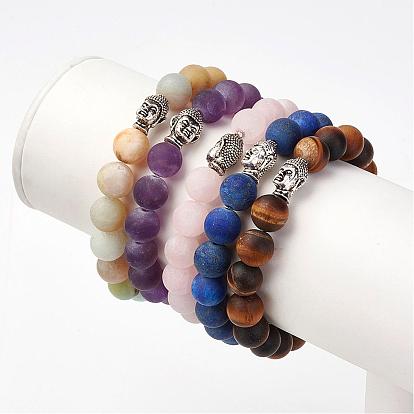Frosted Gemstone Beads Stretch Bracelets, with Alloy Buddha Head Beads, Round, Burlap Packing