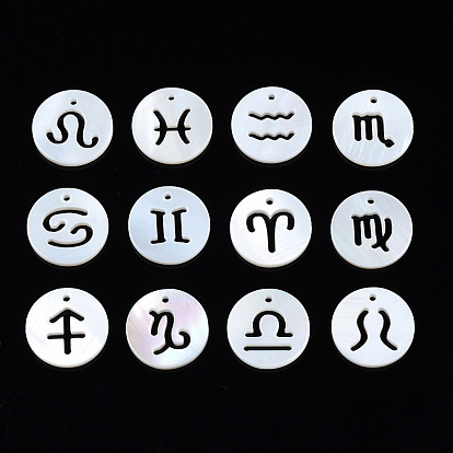 Natural Freshwater Shell Charms, Flat Round with Twelve Constellations, Hollow