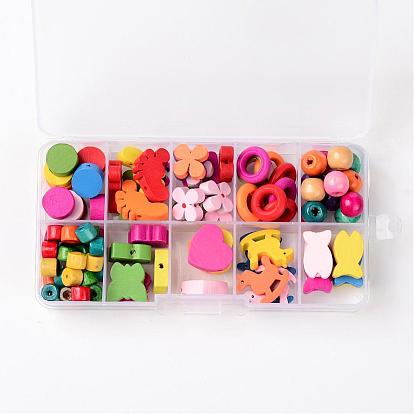 1 коробка смешанные формы деревянные бусины для детей DIY, окрашенные, 7.5~22x4~17x4~9.5 мм, отверстие : 1~7.5 мм
